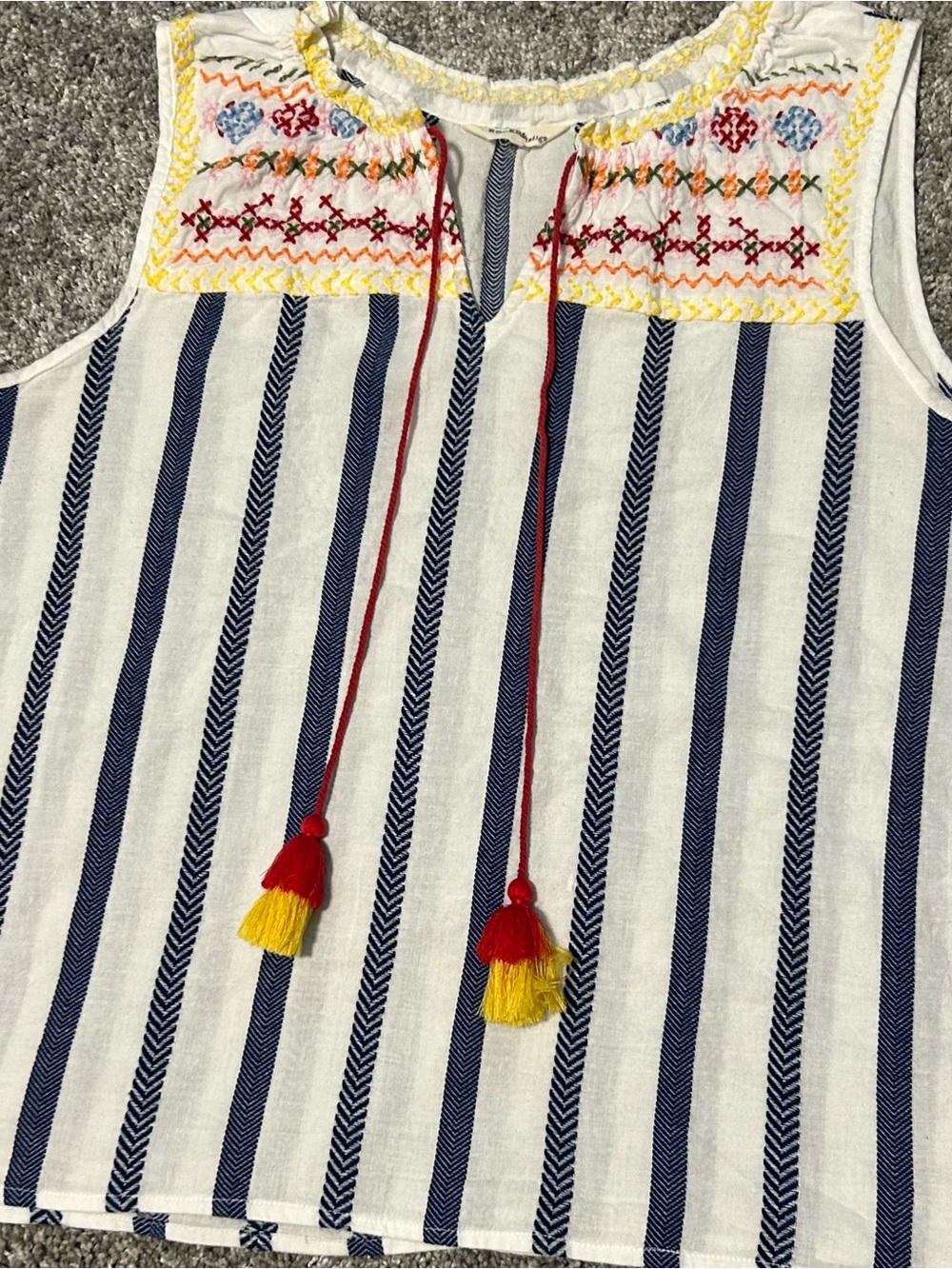 Striped Navy & White Embroidered Tank Top with Tassels